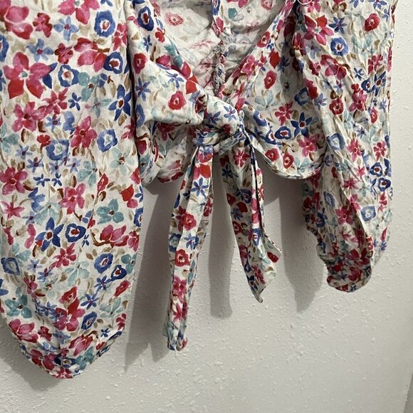 Zara Womens S White Linen Blend Floral Printed Blouse Top Puff Sleeve Tie Back - Picture 10 of 13
